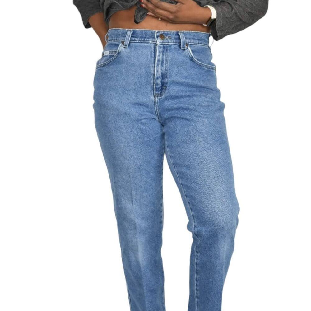 Vintage Lee Jeans Blue Denim Tapered High Waist Faded Broken In Casual Size 28